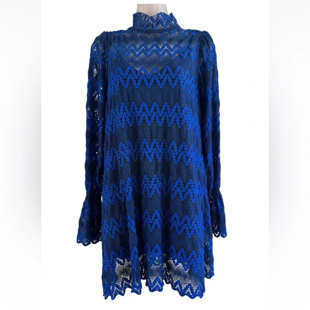 Free People Blue Black Lace Simone Bell Sleeve Crochet Dress Sz XS